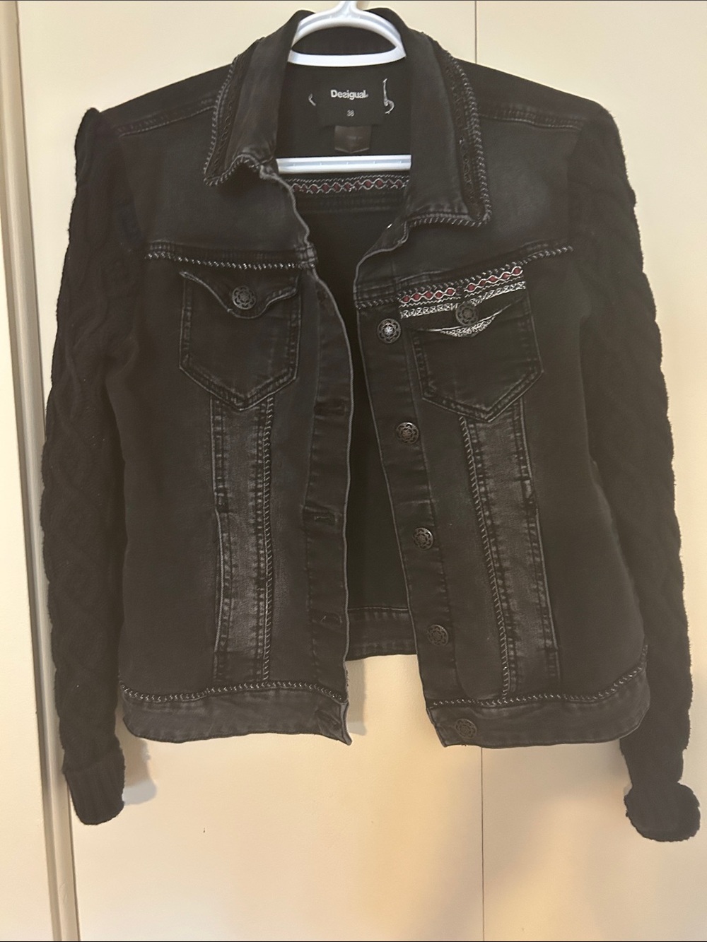 Desigual Black Denim Jacket with Knit Sleeves European size 38.